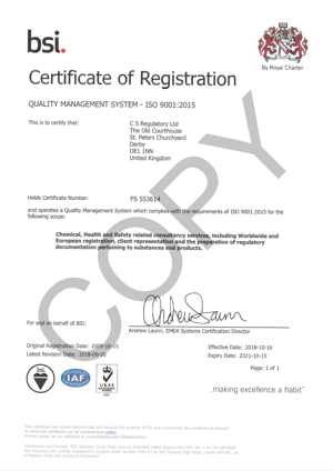 CS Regulatory Ltd is an ISO 9001:2008 Accredited Company