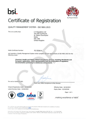 CS Regulatory Ltd is an ISO 9001:2015 Accredited Company