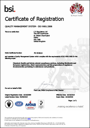 CS Regulatory Ltd is an ISO 9001:2008 Accredited Company